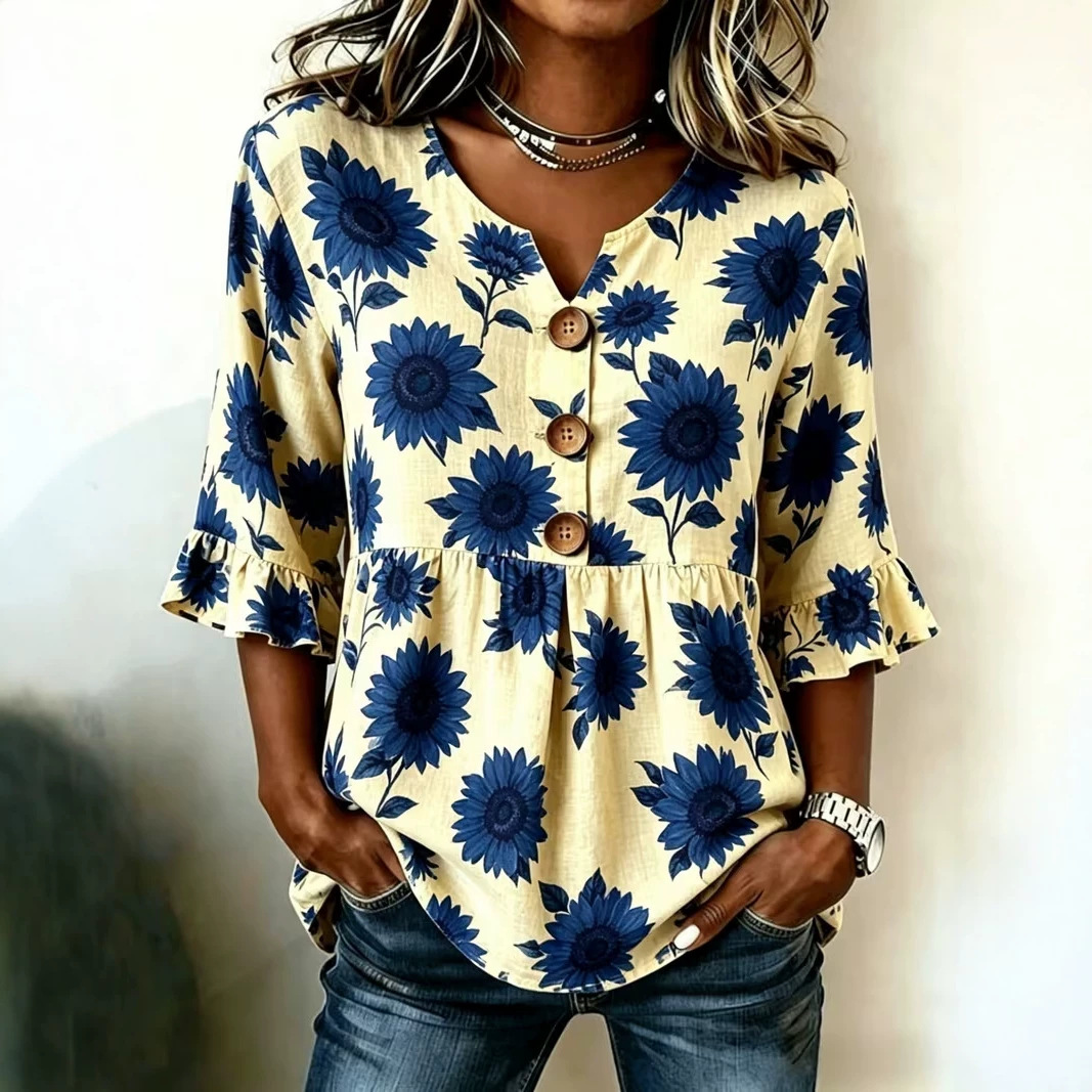 Floral Print Half-Sleeve Button-Up Top