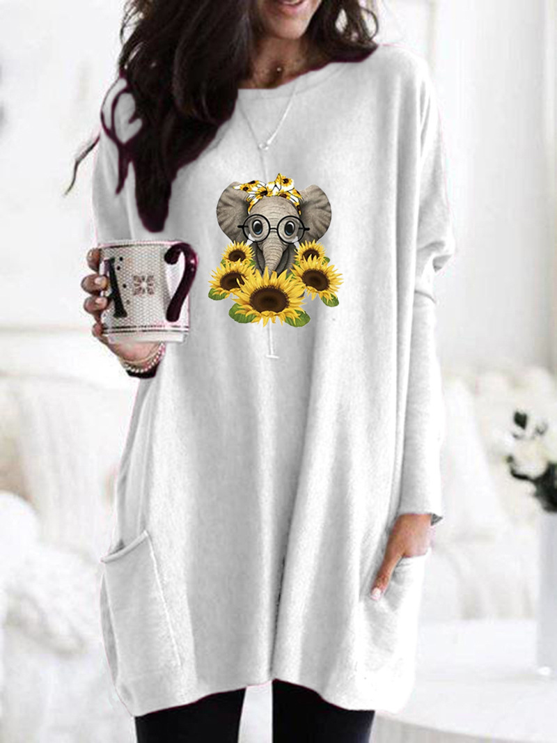 Women's Long Sleeve Loose Crewneck Elephant Print Pocket T-Shirt