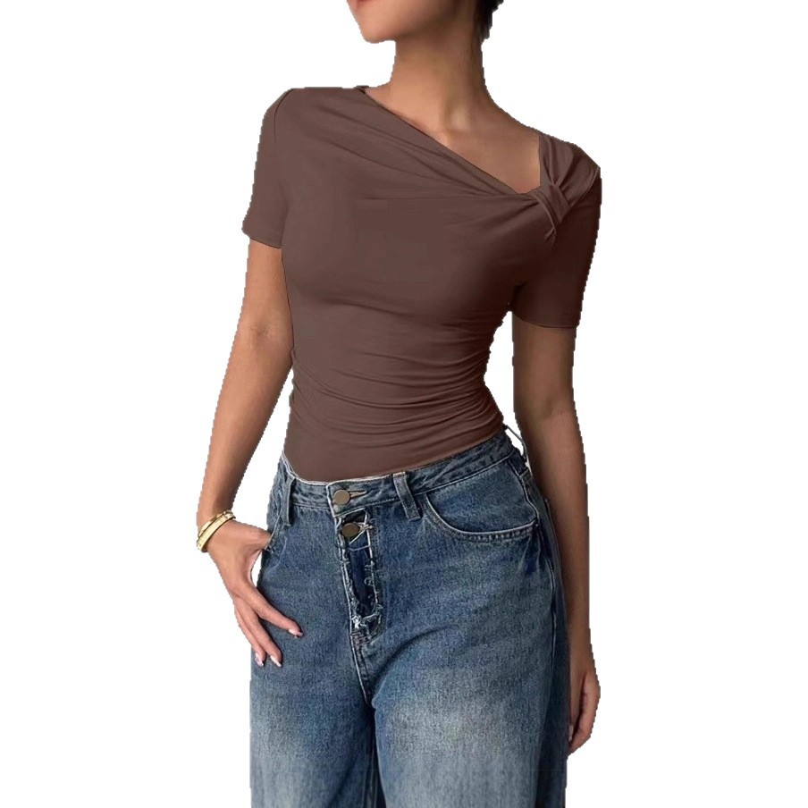 Women's Slim Fit Short Sleeve T-Shirt with Asymmetric Neck and Cutout Detail