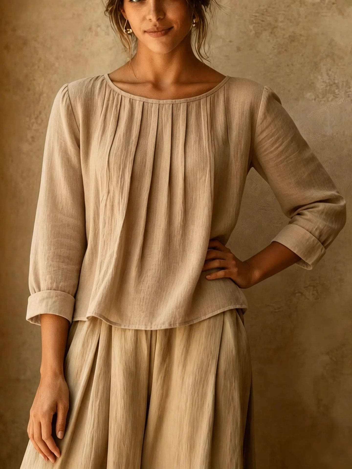 2026 New Cross-Border Summer Women's Cotton-Linen Top Loose Slimming Pleated Round Neck Eight-Sleeve Shirt Solid Color Casual