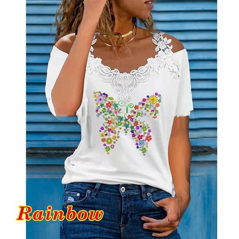 Women's Summer V-Neck Lace Trim Cold Shoulder Short Sleeve Casual T-Shirt