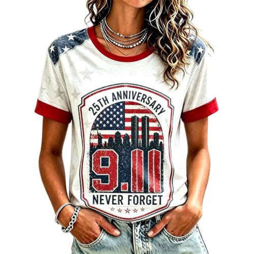 911 Twin Towers Ribbon Flag Print Short Sleeve T-Shirt