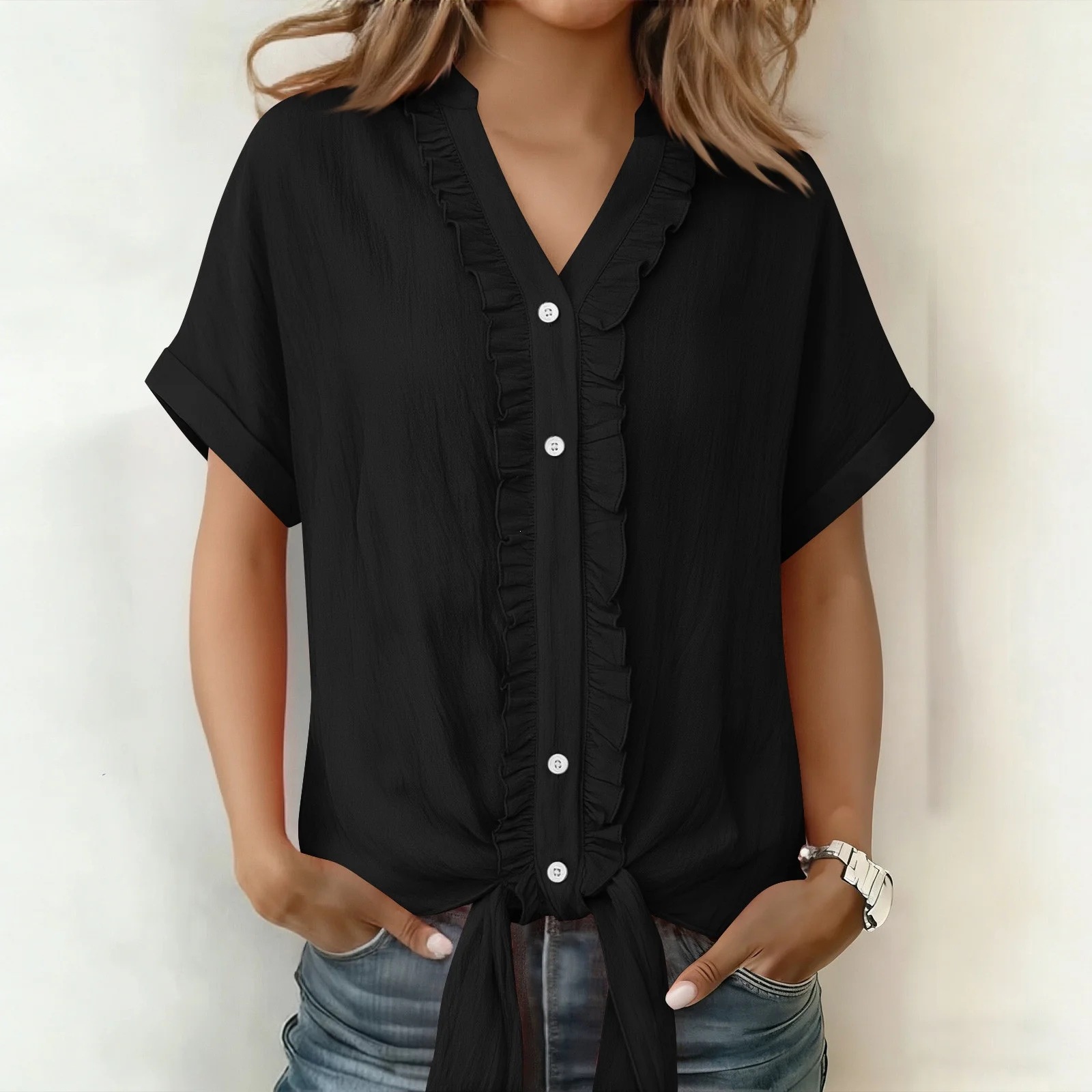 Women's Solid Color Short Sleeve Blouse T-Shirt Casual Loose Fit V-Neck