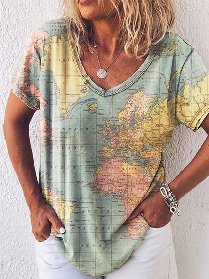 Map Print V-Neck Short Sleeve Women's T-Shirt