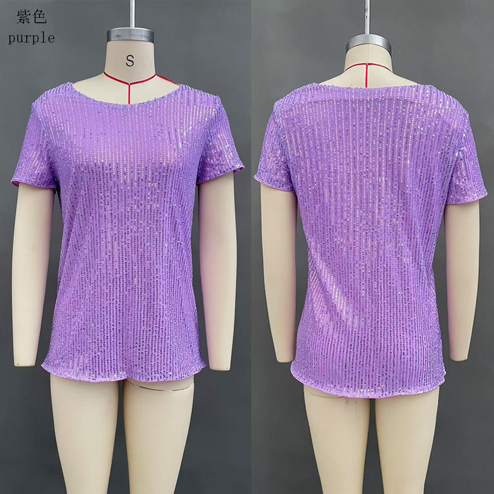 Women's Sequin Loose Crewneck Short Sleeve Top