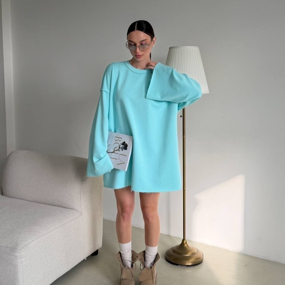 Women's Oversized Midi Sweatshirt Dress Long Sleeve Crew Neck Solid Color