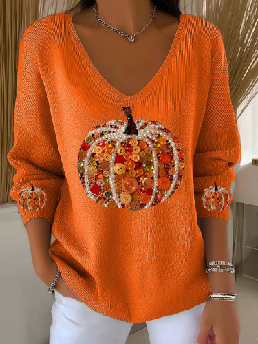 Maple Leaf Print V-Neck Long Sleeve T-Shirt