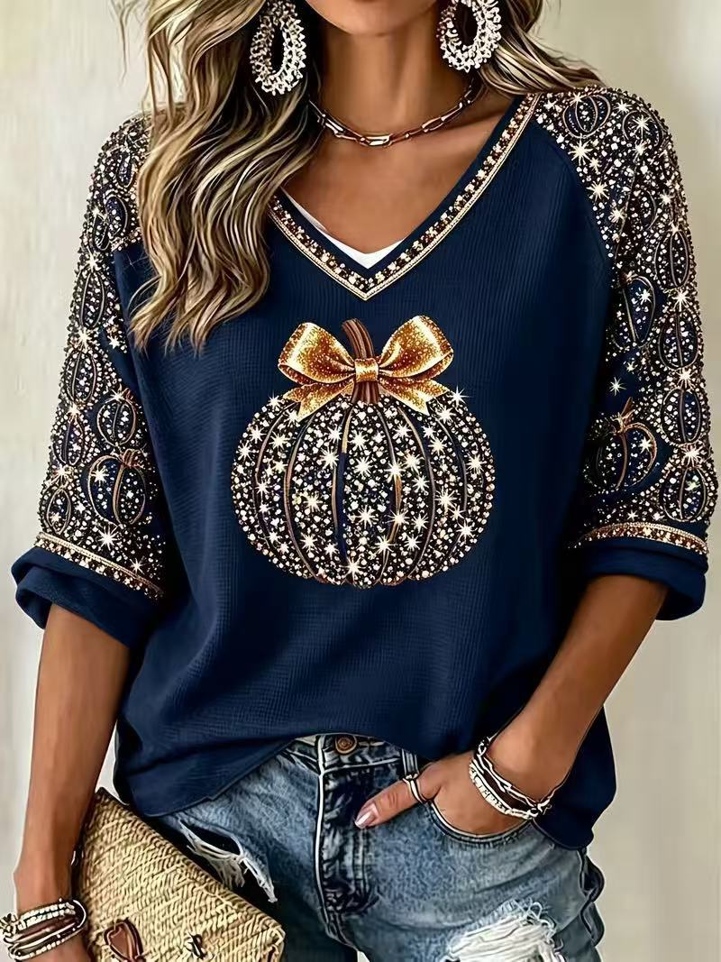 Halloween Pumpkin Bow Print V-Neck Half-Sleeve Women's T-Shirt
