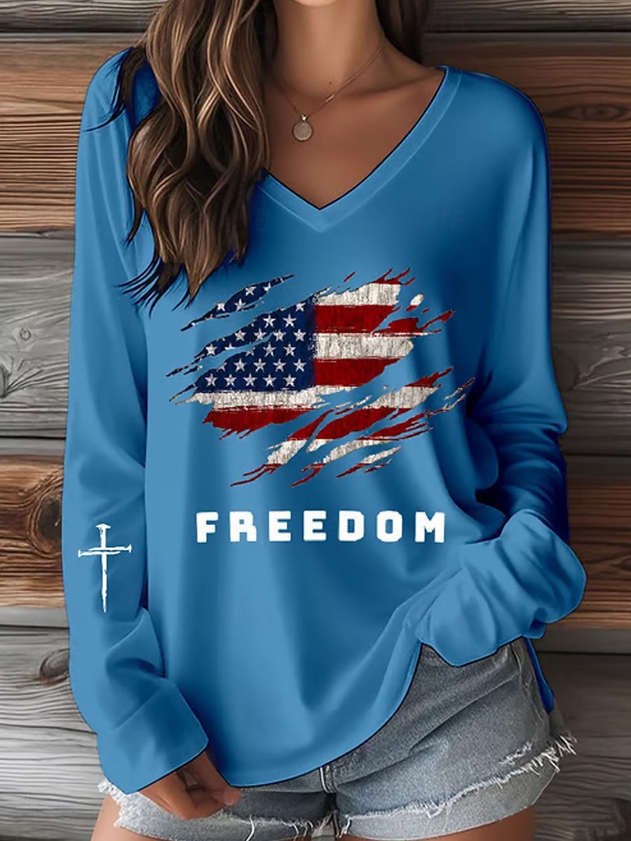 Cross Flag Freedom Print V-Neck Short Sleeve Women's T-Shirt