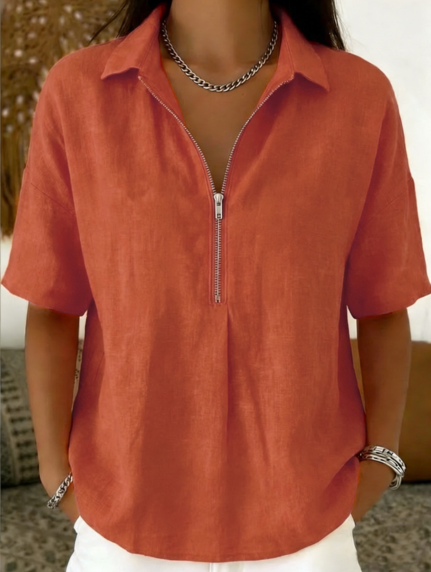 Women's Solid Color Zip Short Sleeve Shirt