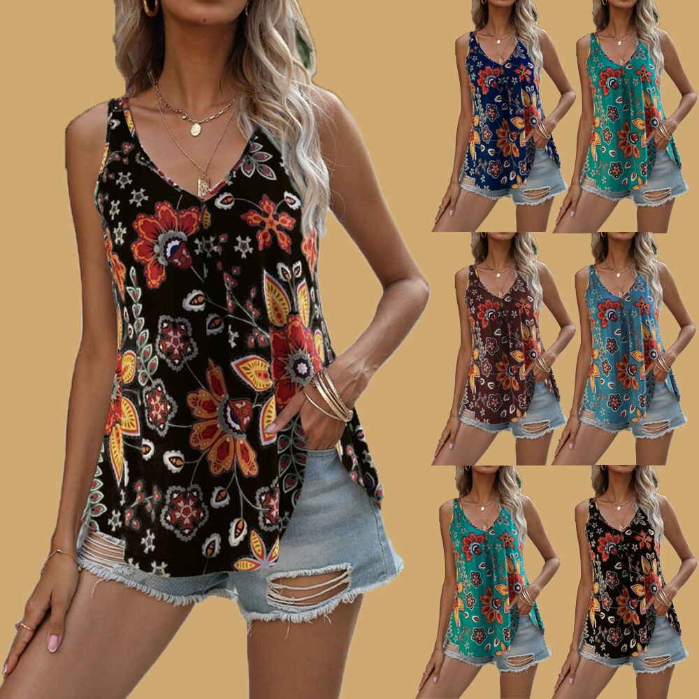 Women's V-Neck Sleeveless Cami Top - Loose Fit Printed