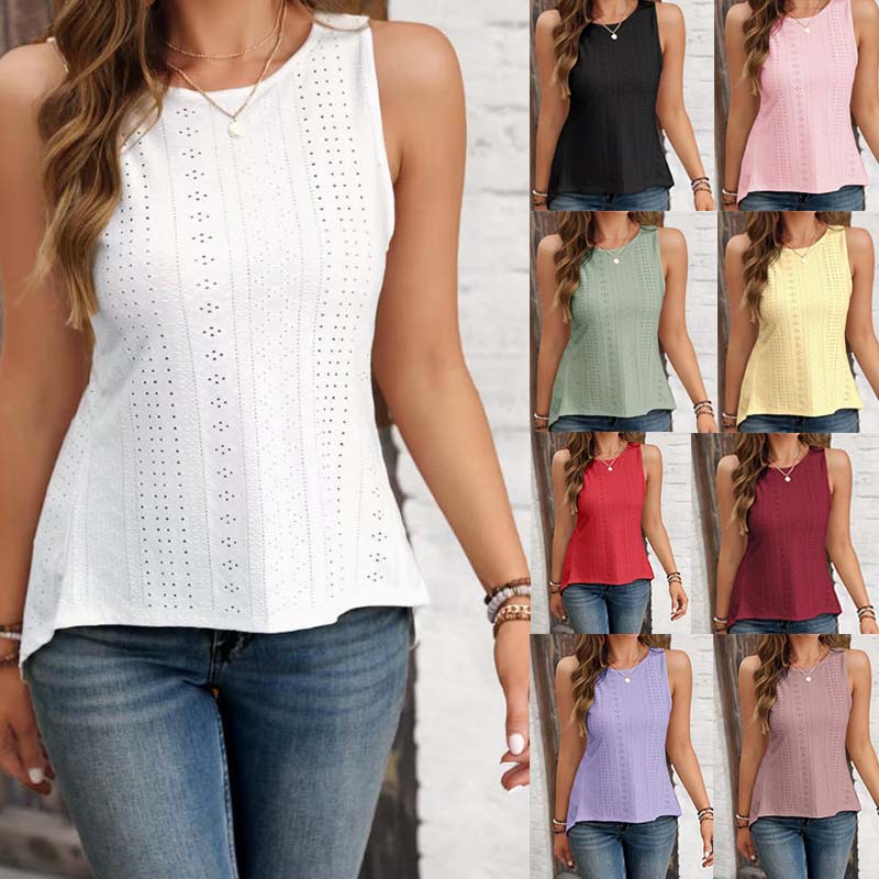 Women's Loose Fit Crewneck Hollow Out Sleeveless T-Shirt Casual Streetwear Top