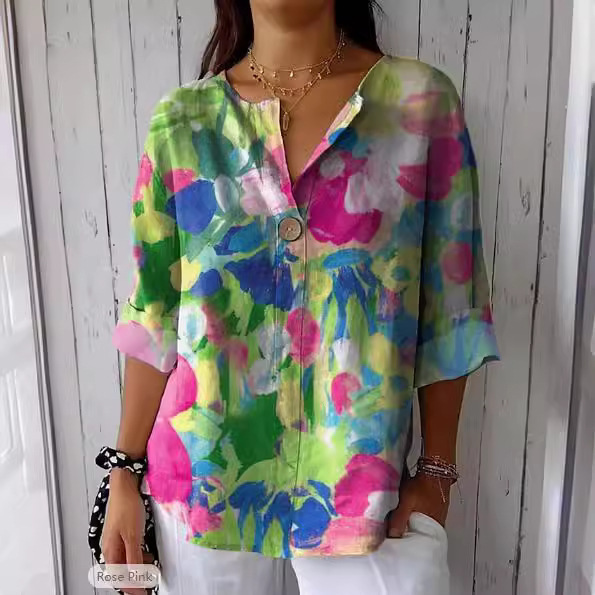 Button V-Neck Casual Top T-Shirt