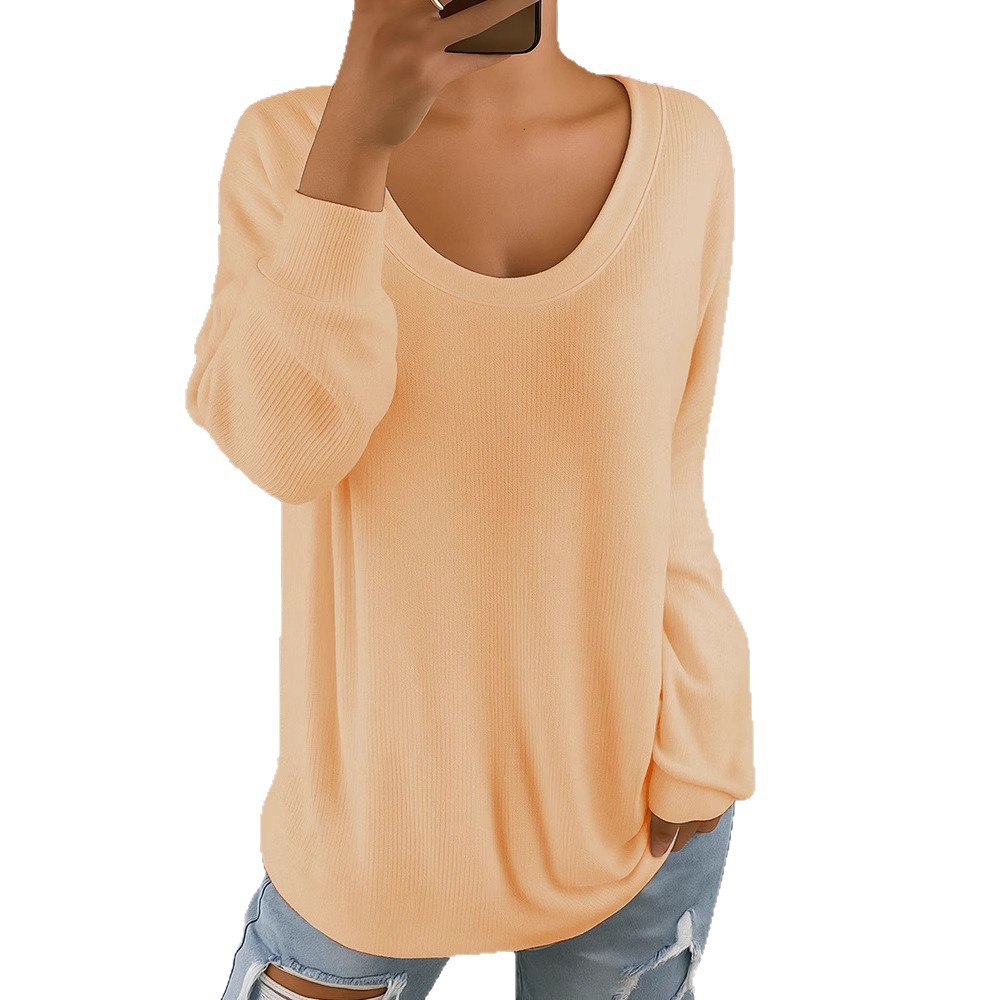Women's Casual Loose Solid Color Retro Crewneck Long Sleeve Knit Sweater