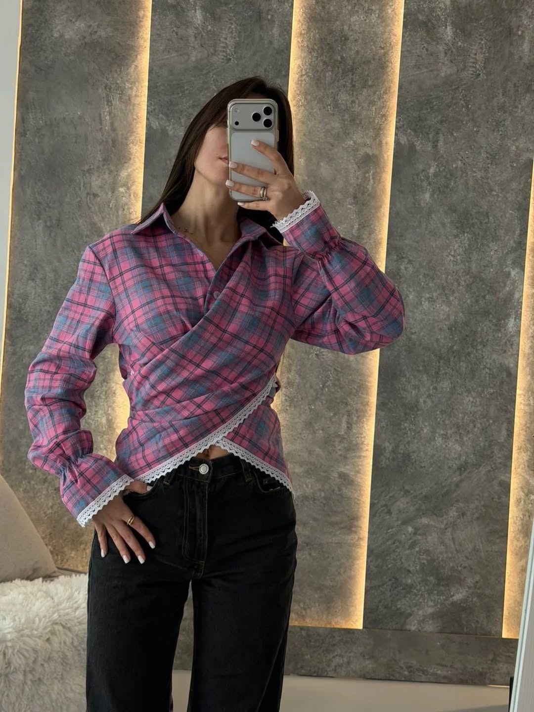 Women's Retro Plaid Long-Sleeve Polo Shirt
