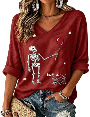 Skull Floral Balloon Print V-Neck Mid-Sleeve T-Shirt