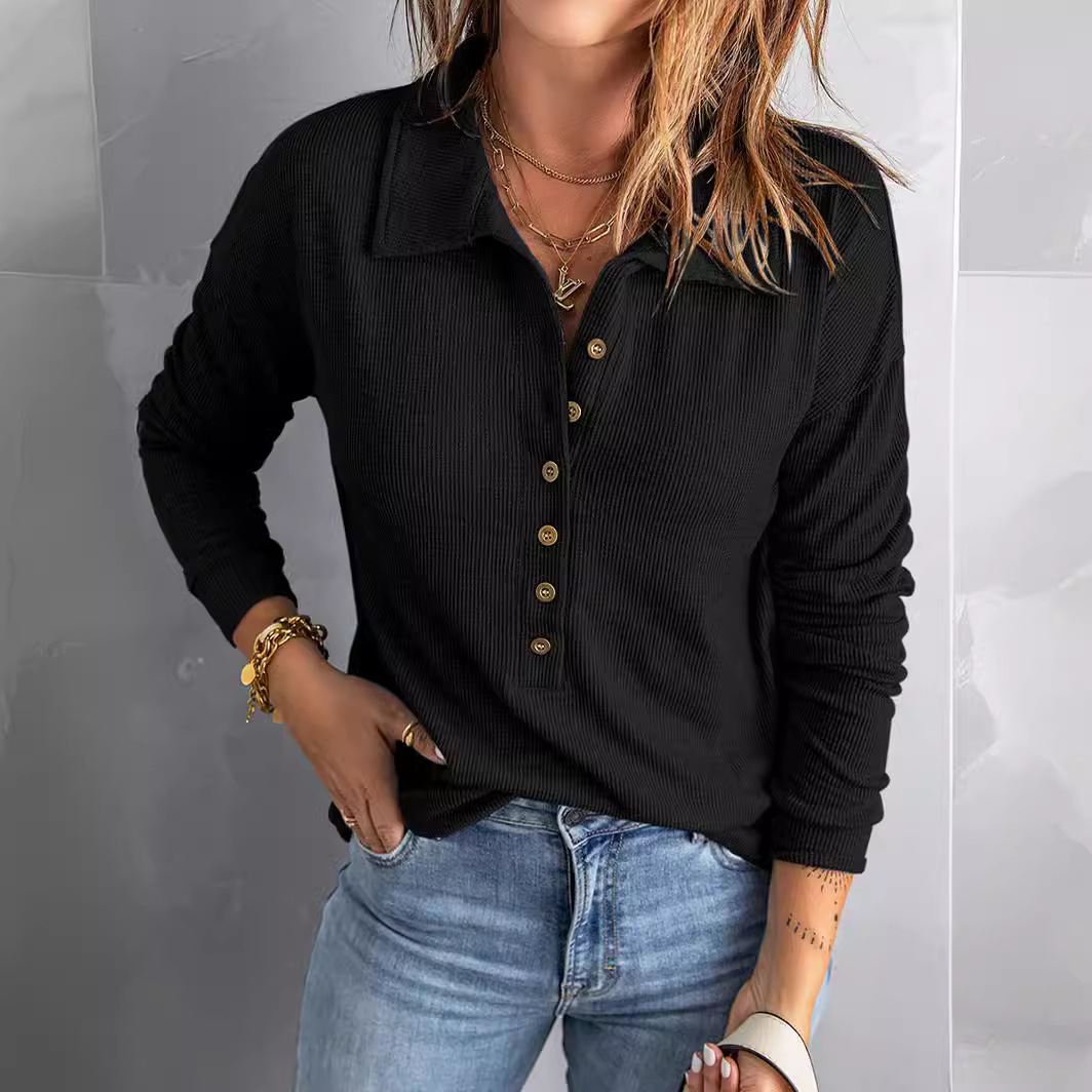 Women's Solid Ribbed Knit Single-Breasted Lapel Long-Sleeve Loose Casual Top