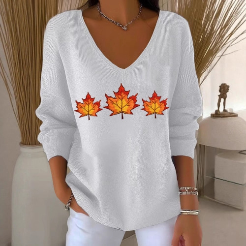 Maple Leaf Print V-Neck Long Sleeve T-Shirt