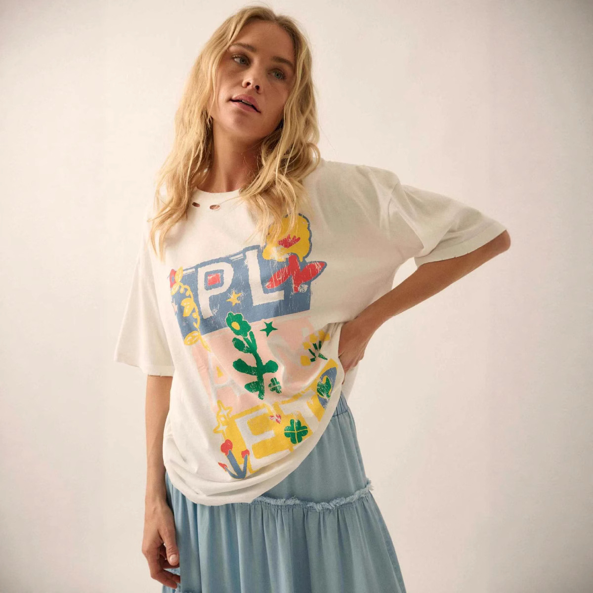 Butterfly Floral Graphic Short-Sleeve T-Shirt Crewneck Distressed Loose Casual Top