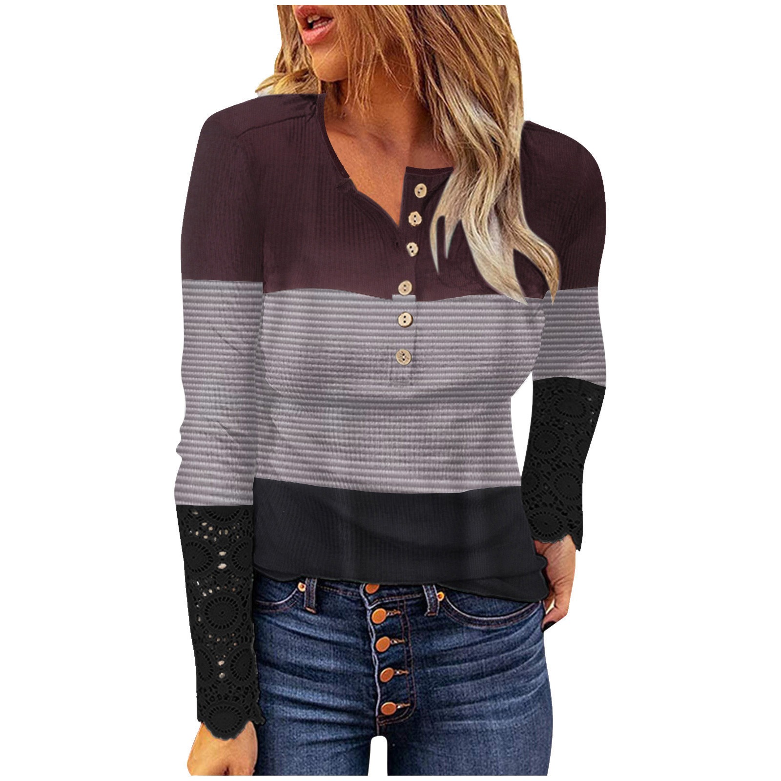 Lace Spliced Long Sleeve Ribbed Slim Fit Button Print Women's T-Shirt
