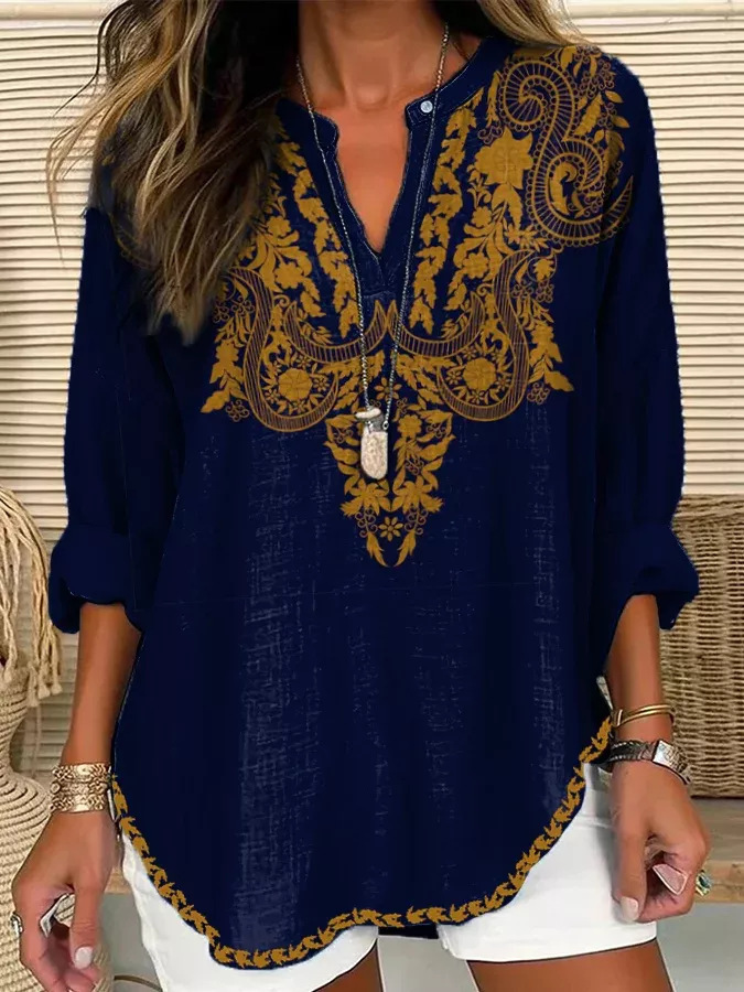 Floral Print V-Neck Long Sleeve T-Shirt for Women