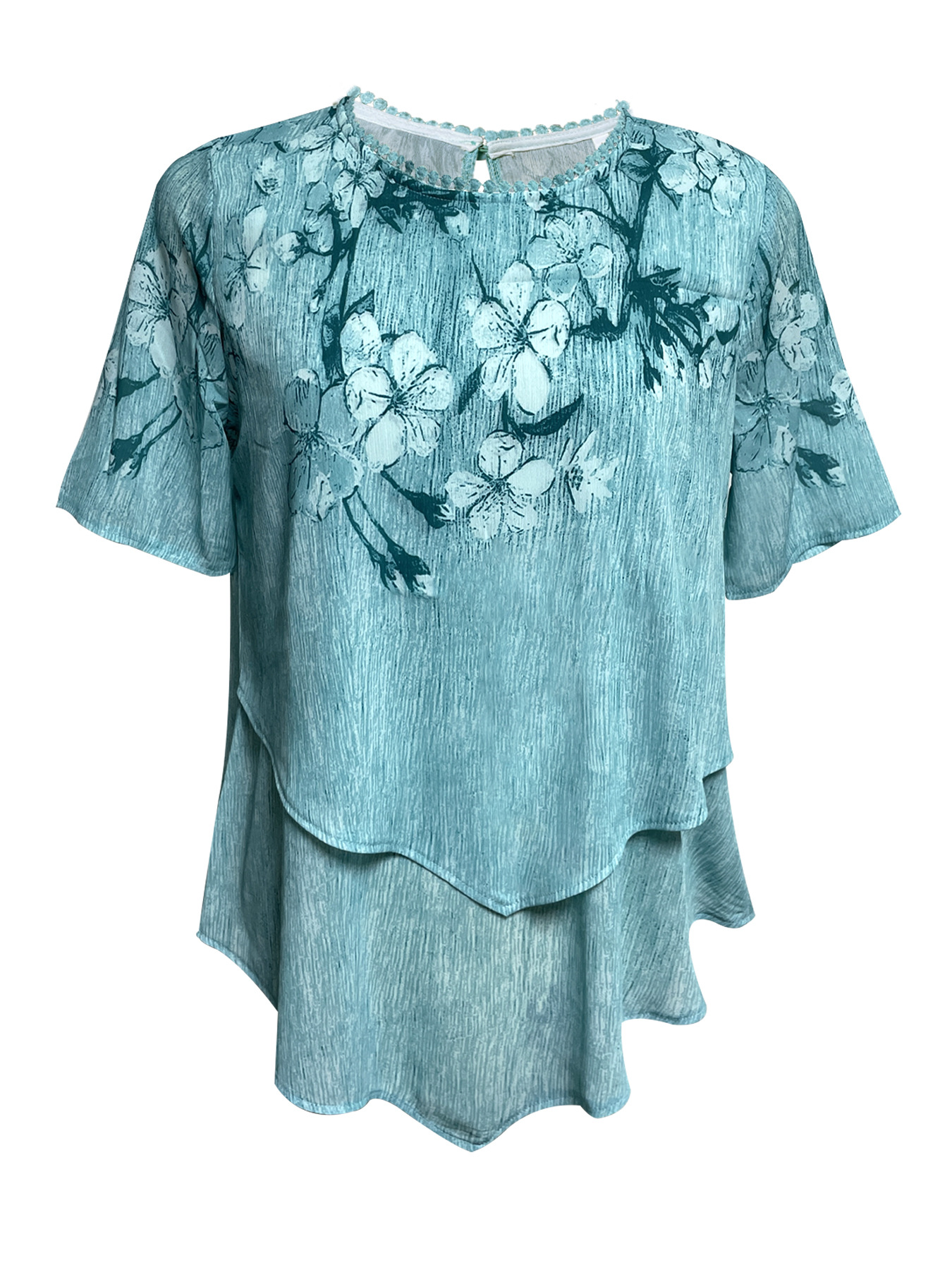 Floral Print Round Neck Asymmetric Short Sleeve Double-Layer Top