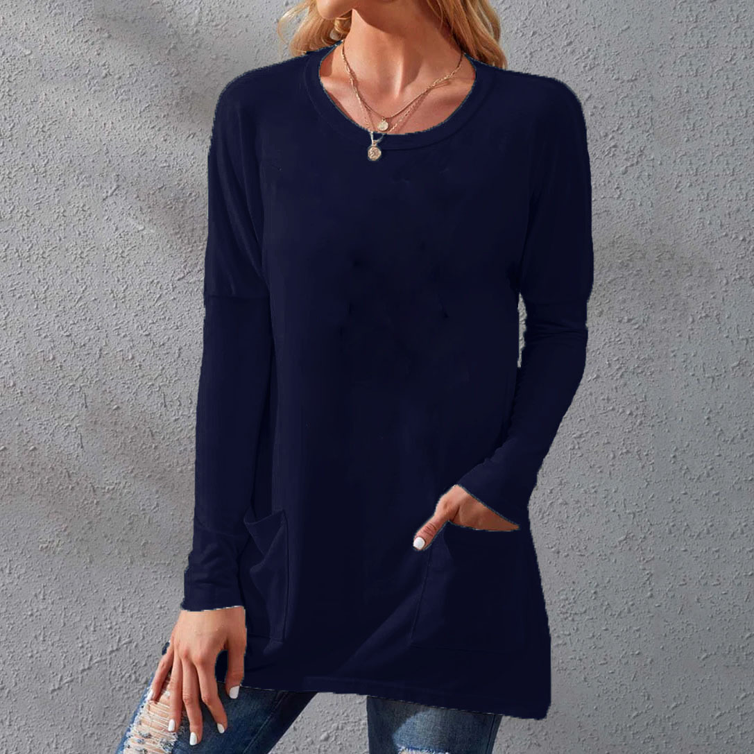 Women's Loose Fit Crewneck Short Sleeve Pocket Solid Midi T-Shirt