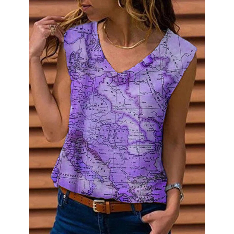 Women's Sleeveless Map Print V-Neck Tank Top