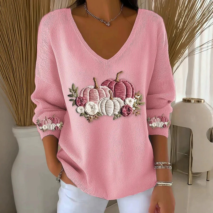 Pumpkin Print V-Neck Long Sleeve Women's Top