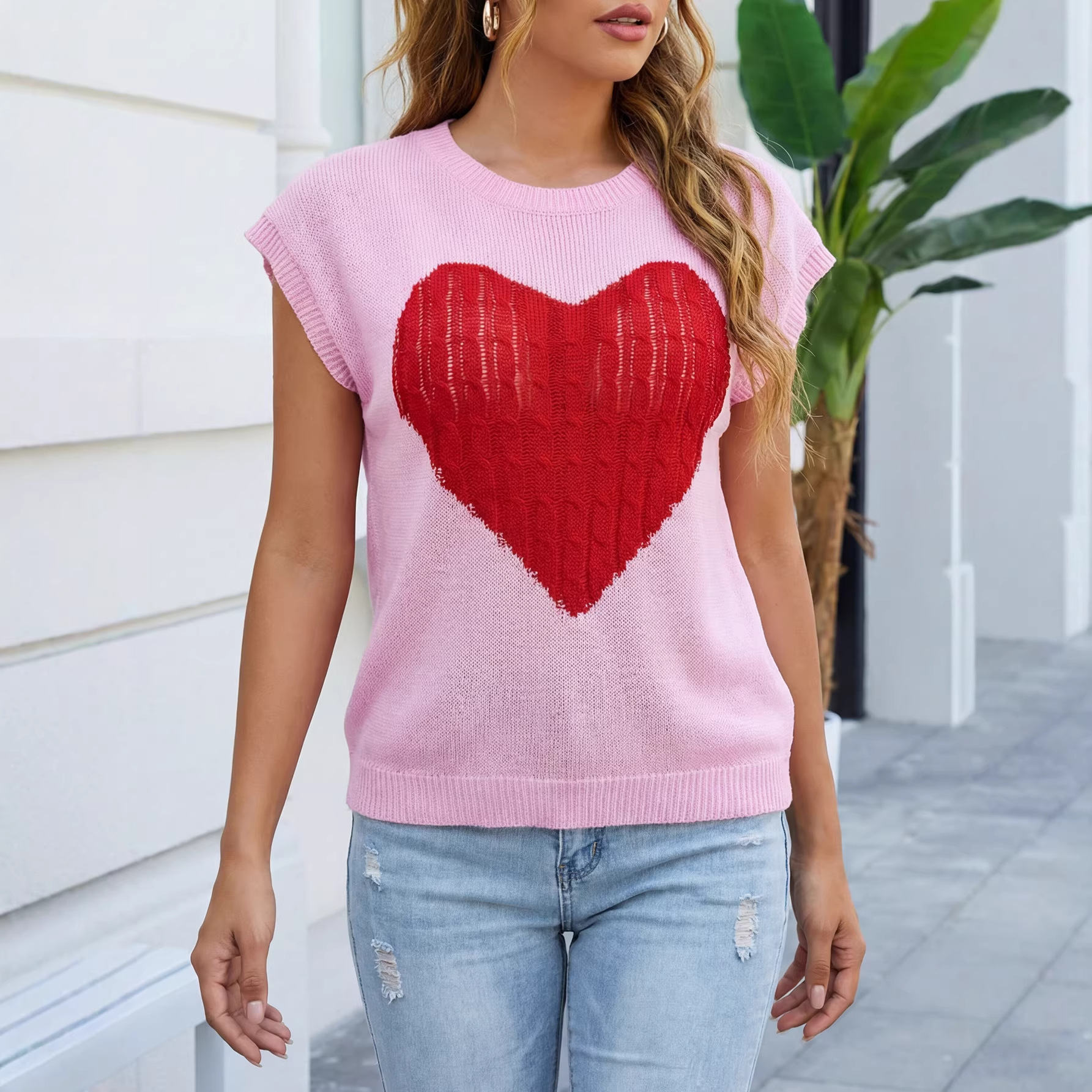Colorblock Heart Print Knit Top Crewneck Pullover