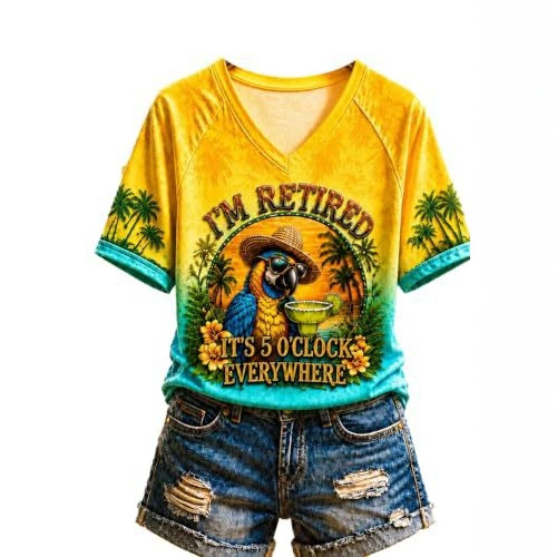 Women's Vacation Print Short Sleeve V-Neck Top