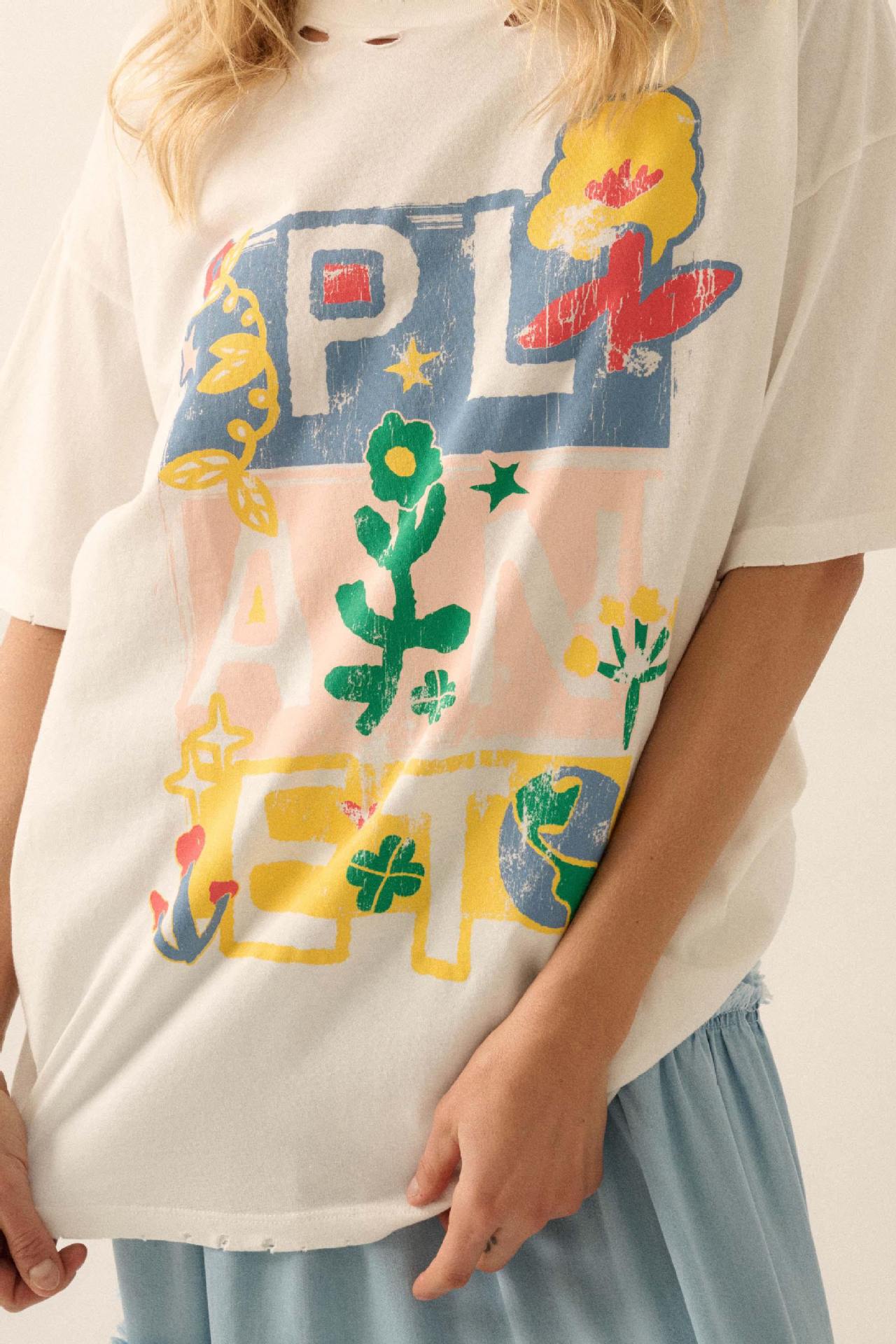 Butterfly Floral Graphic Short-Sleeve T-Shirt Crewneck Distressed Loose Casual Top