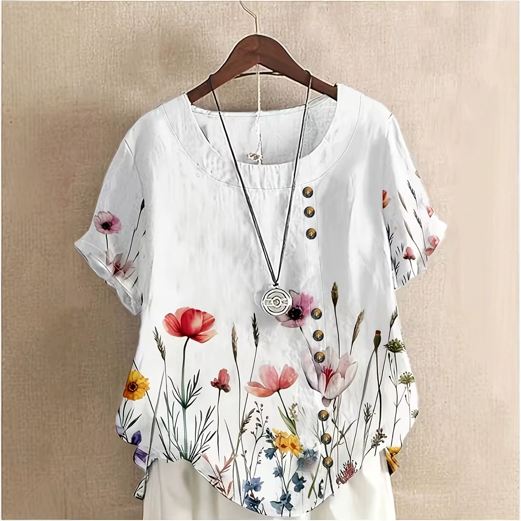 Women's Summer Novelty Print Crewneck Short Sleeve Button Top