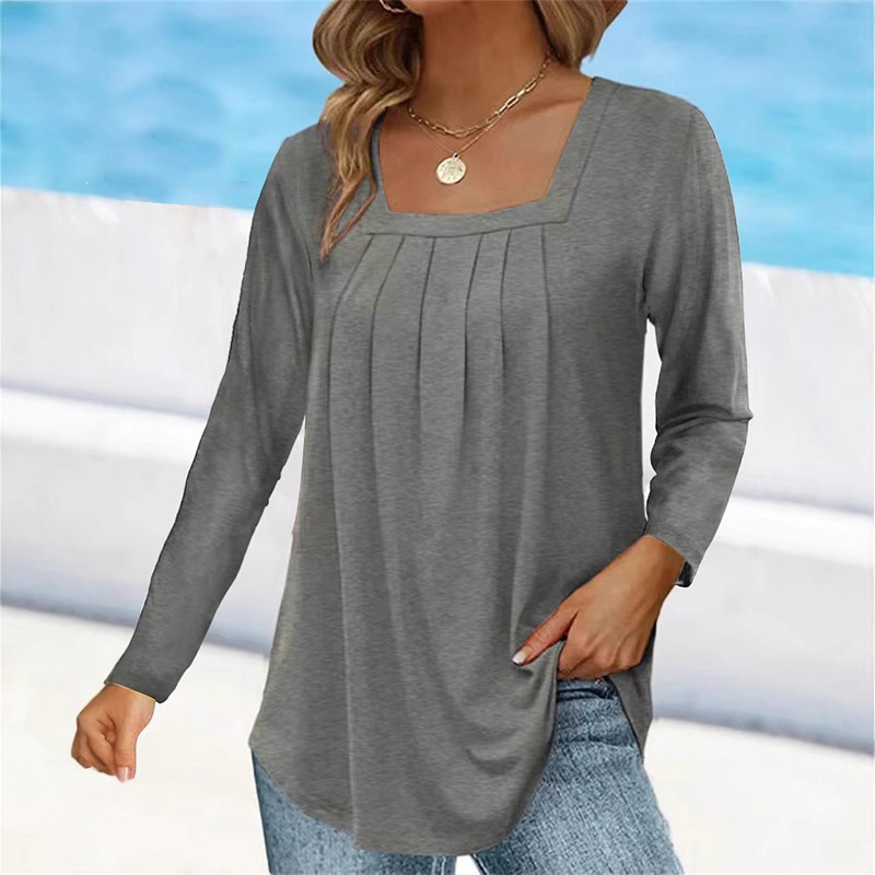 Women's Ruched Square Neck Long Sleeve Cotton-Blend T-Shirt