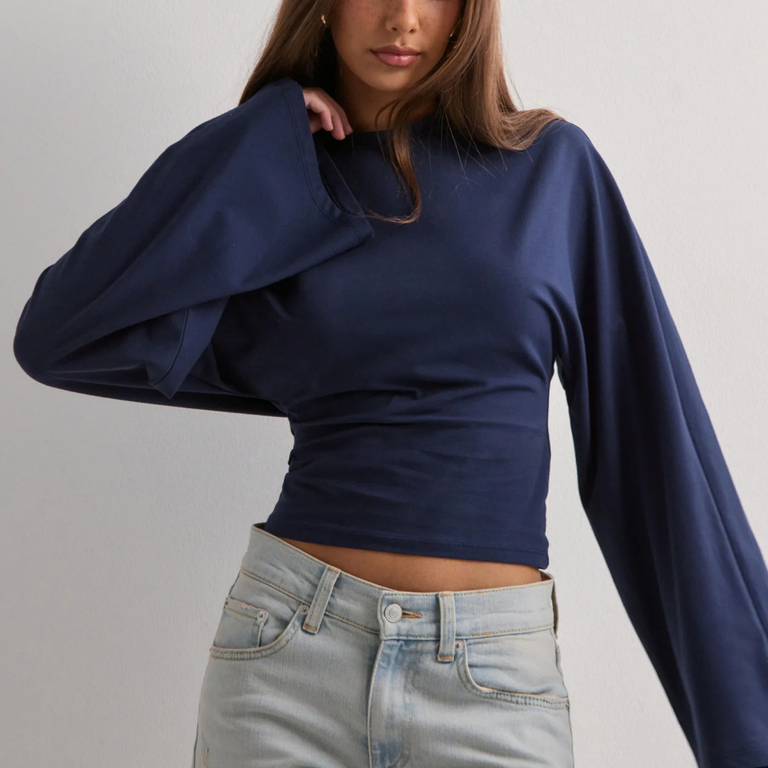 Women's Solid Crewneck Long Sleeve Waist-Cinched Casual Top
