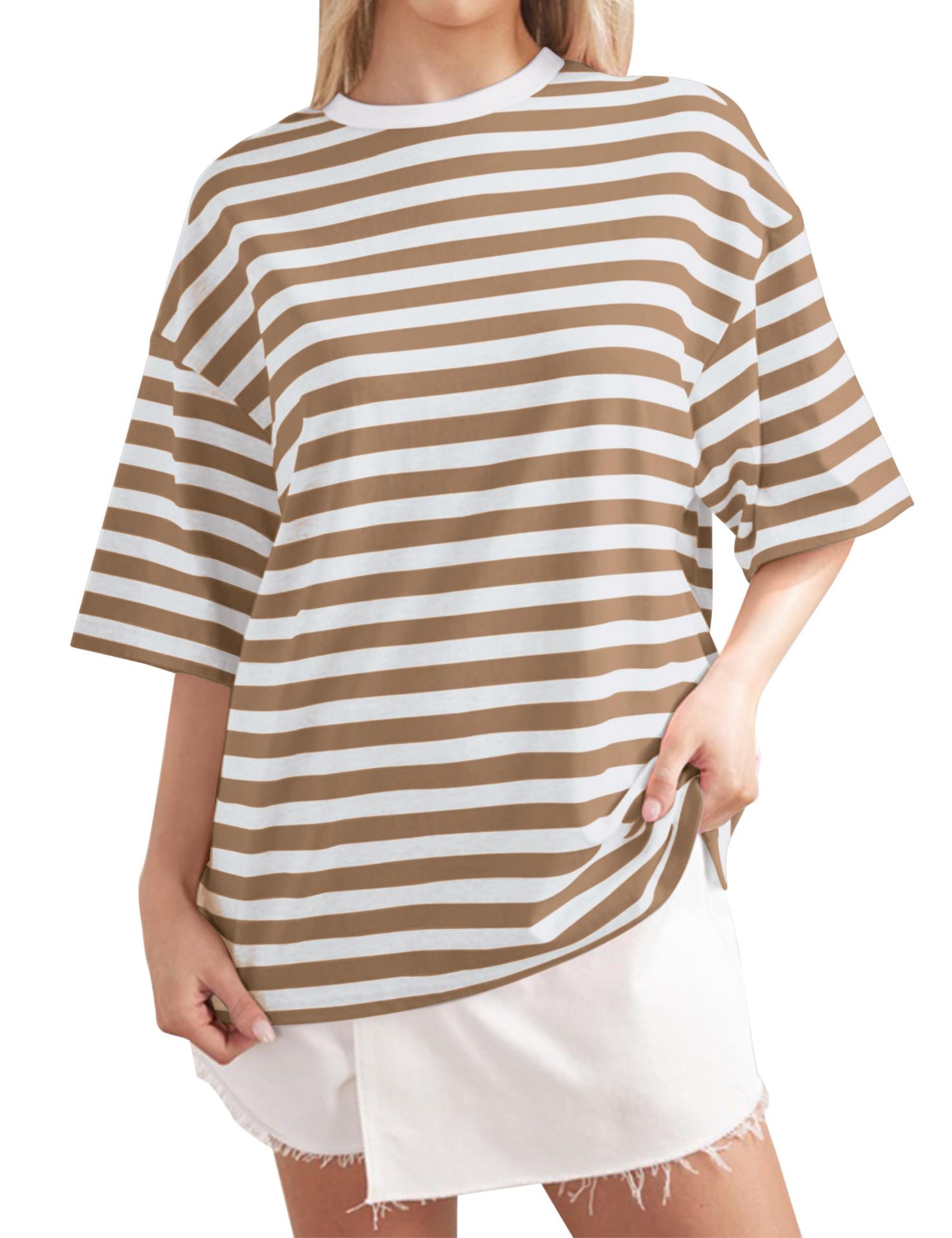 Striped Print Crewneck Half-Sleeve T-Shirt Casual Loose Fit