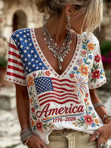 American Flag Floral Print V-Neck Short Sleeve Women's T-Shirt