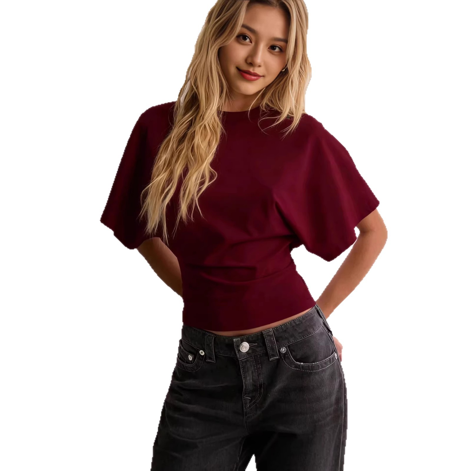 Solid Crewneck Batwing Sleeve Cinched Waist Short Sleeve Top
