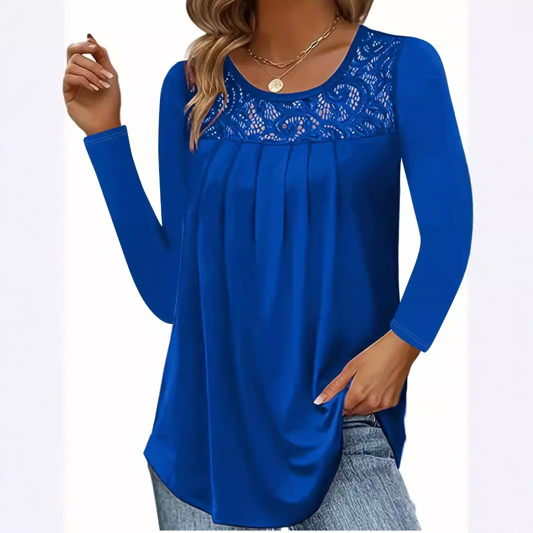 Women's Lace Neckline Print Long Sleeve Solid T-Shirt