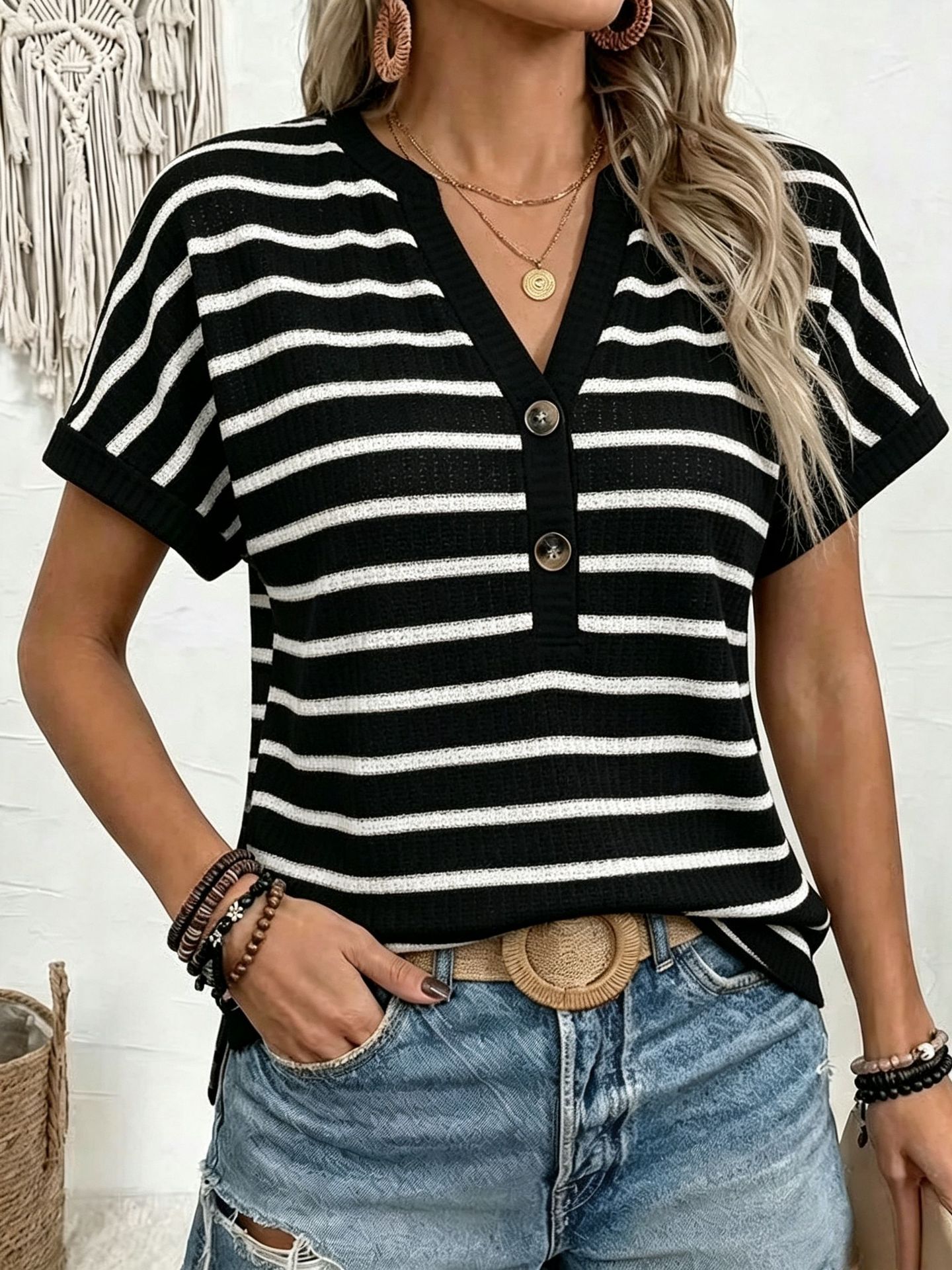 Women's Loose V-Neck Striped Waffle Knit Short Sleeve T-Shirt Casual Top