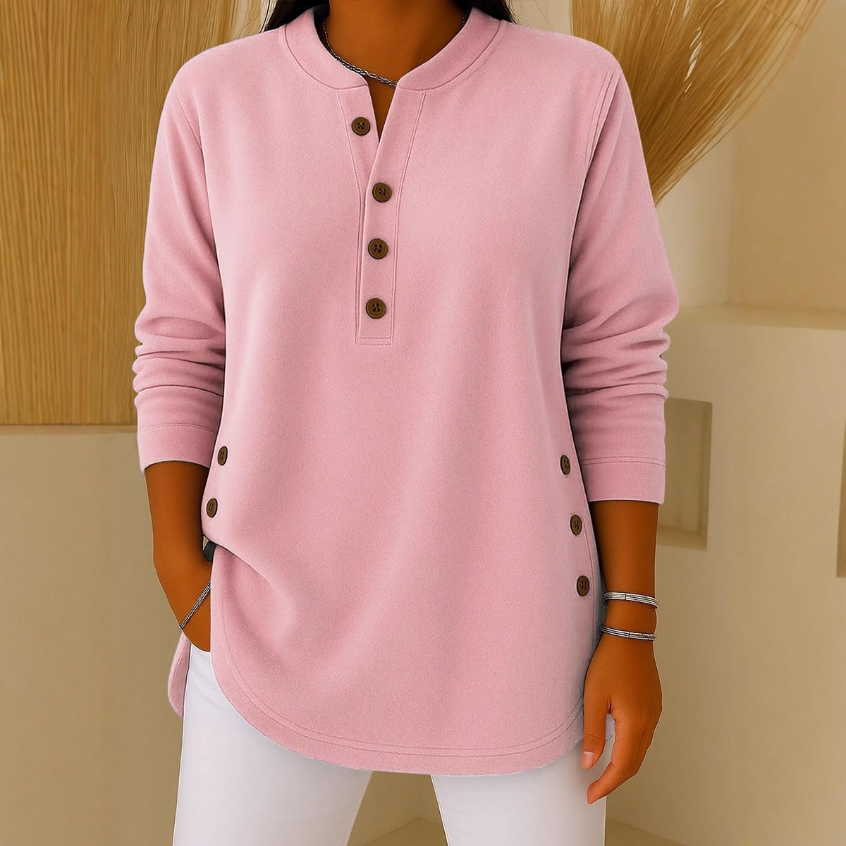 Women's V-Neck Button Knit Long Sleeve Top