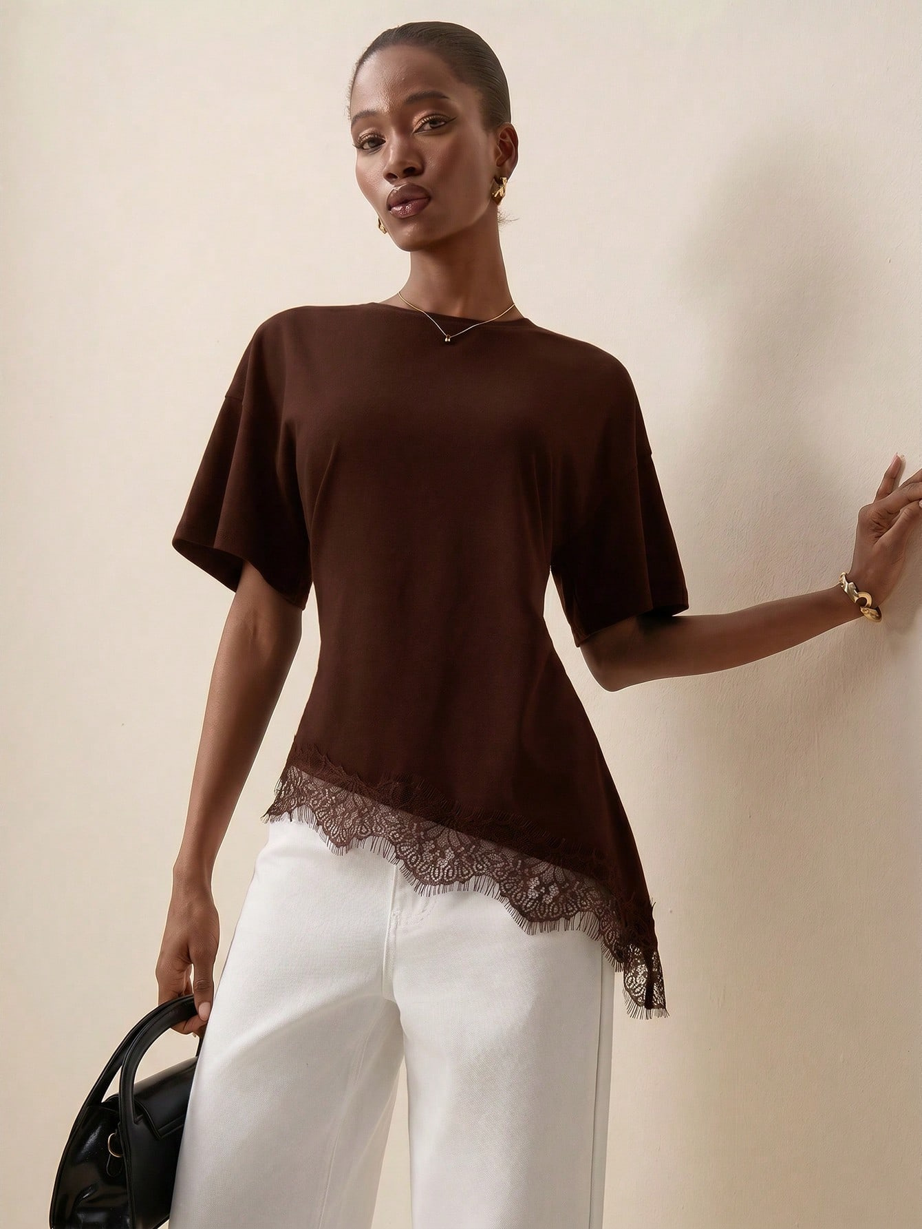 Women's Summer Round Neck Hollow Lace Trim Short Sleeve Solid Color Asymmetrical Hem T-Shirt