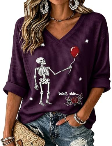 Skull Floral Balloon Print V-Neck Mid-Sleeve T-Shirt