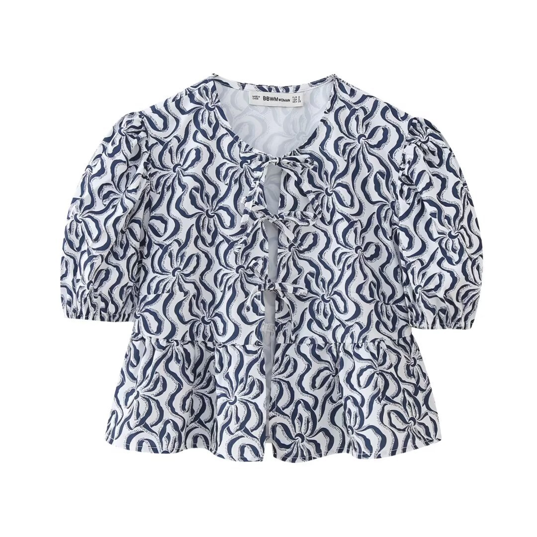 Women's Tie-Front Puff Sleeve Top