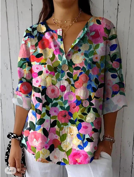 Button V-Neck Casual Top T-Shirt