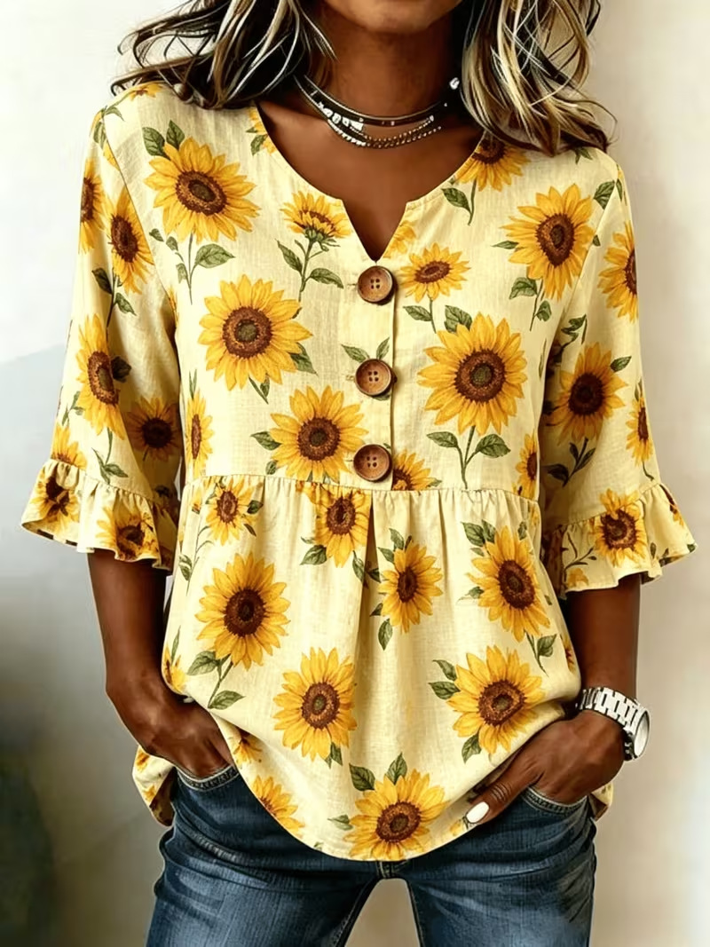 Floral Print Half-Sleeve Button-Up Top