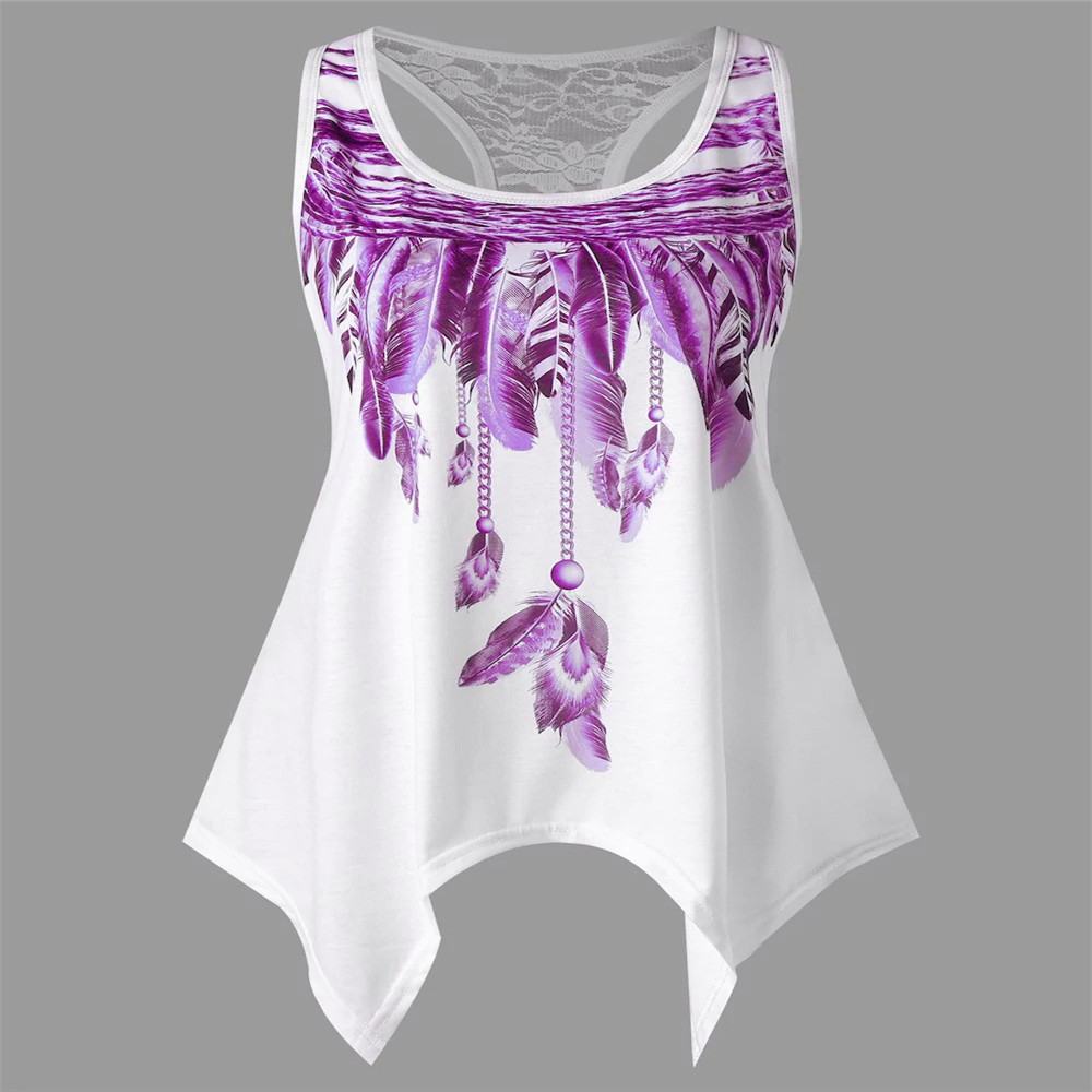 Feather Print Lace Sleeveless Crew Neck T-Shirt
