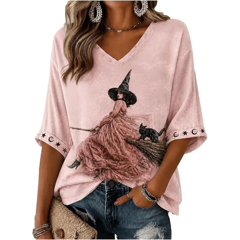Halloween Witch Print V-Neck Half-Sleeve Women's T-Shirt