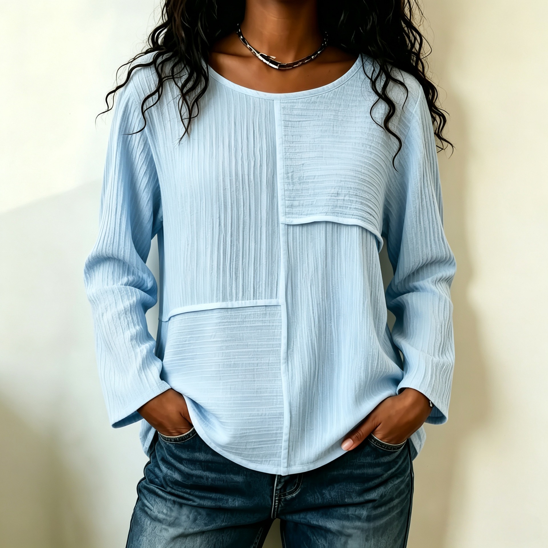 Women's Round Neck Colorblock Long Sleeve Loose Casual Top