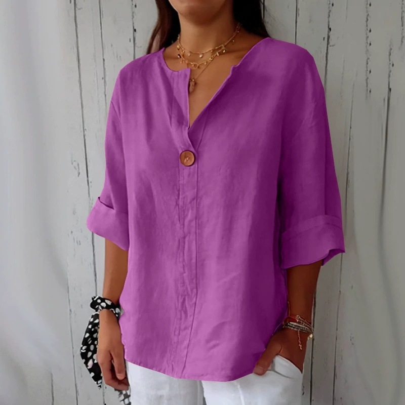 Women's Loose V-Neck Button Cotton-Blend T-Shirt